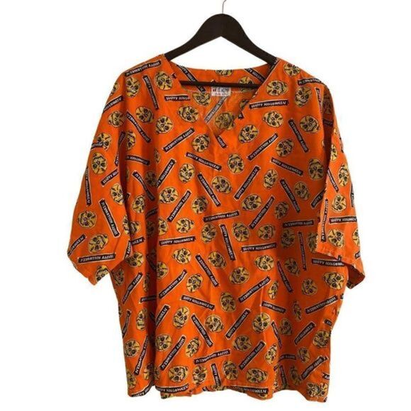 Like new Happy Halloween Orange Skulls Scrubs Unisex Top - Picture 1 of 6